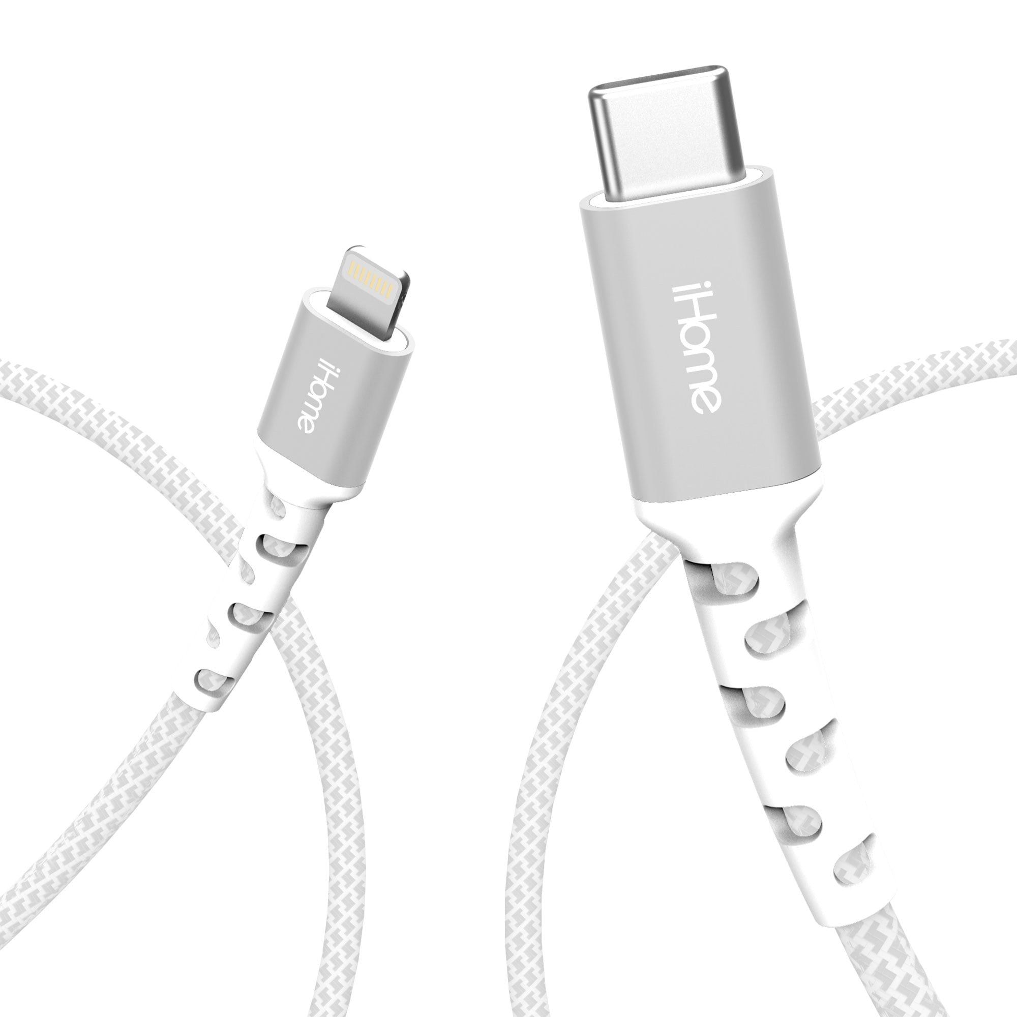 iHome Nylon Braided Lightning to USBC Cable, White, 6'