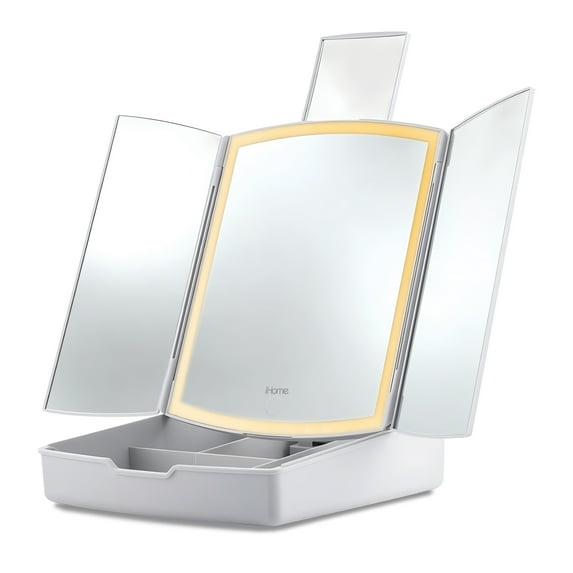 iHome Portable Tri-Fold Lighted Vanity Mirror with Storage iCVS30, Freestanding