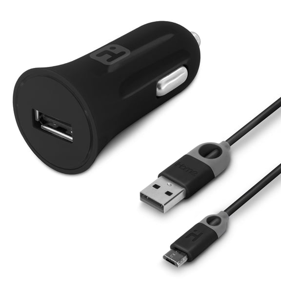 iHome Portable USB Car Charger with 5FT Micro USB Cable, Single Port, Reinforced Cable Neck, Black