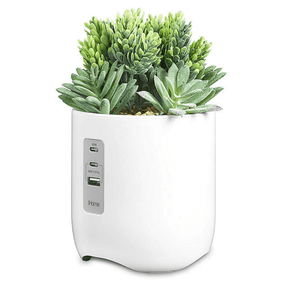 iHome PowerPlant Charging Station, Faux Succulent with USB Charging Station – White (iPP45)