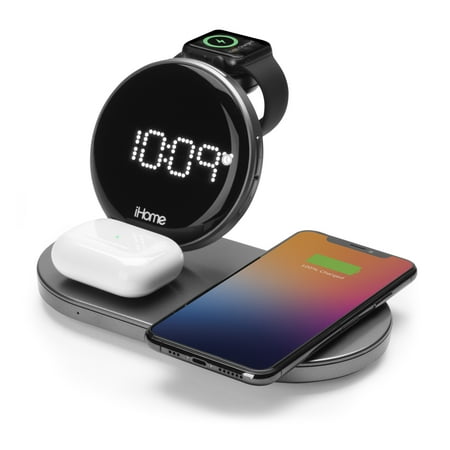 iHome - Dual Qi Wireless Fast Charging, Airpod Charging, Apple Watch Charging, and USB Charging Alarm Clock - Multi