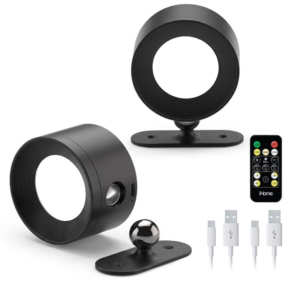iHome Rechargeable Wall Light 2-Pack, 360 Magnetic, Dimmable, 3 Color Modes, Remote Included, Cordless Mounting