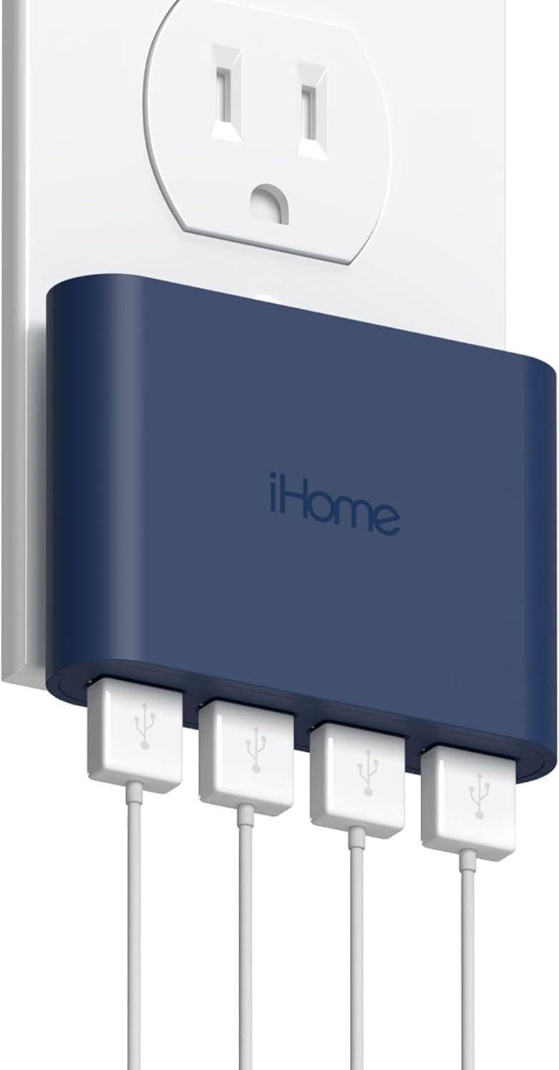 iHome Slim USB Wall Charger 4-Port USB Charger for iPhone Android iPad, Navy