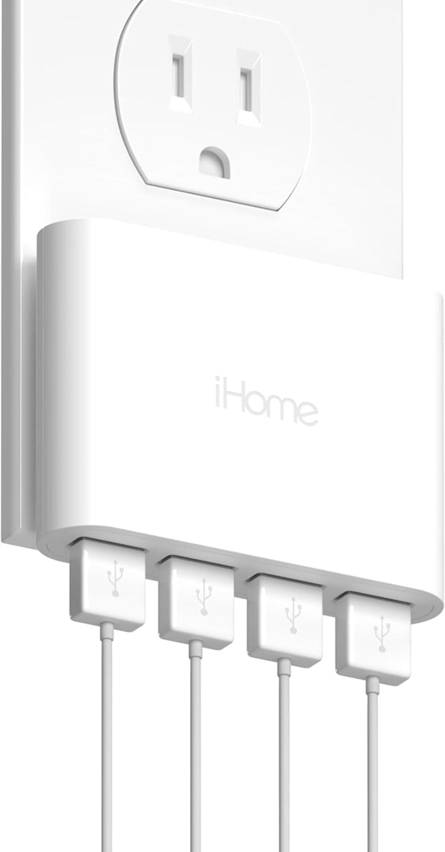 iHome Slim 4-Port USB Wall Charger, AC Pro Multiport Plug Adapter, Phone Charging Block with 4 Ports, Flat USB Wall Adapter for Home  Travel