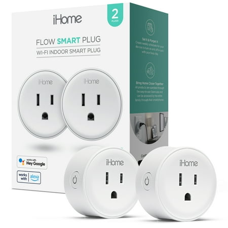 iHome Smart Plug, 15A Wi-Fi Outlet, Works with Alexa & Google Home, App Control, Timer, 2 pack – White