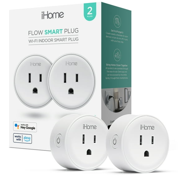 iHome Smart Plug, 15A Wi-Fi Outlet, Works with Alexa & Google Home, App Control, Timer, 2 pack – White