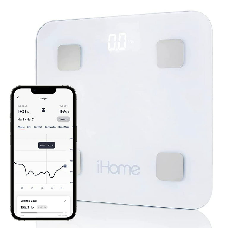 iHome Smart Scale 400 lbs Digital Bathroom Scale for Body Weight BMI  Weighing, White