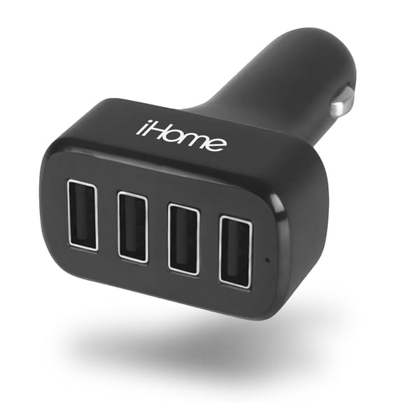 iHome USB Car Charger, 5.4A Output, 4 USB Ports, Slim & Durable Design, Universal Car Charger, Black