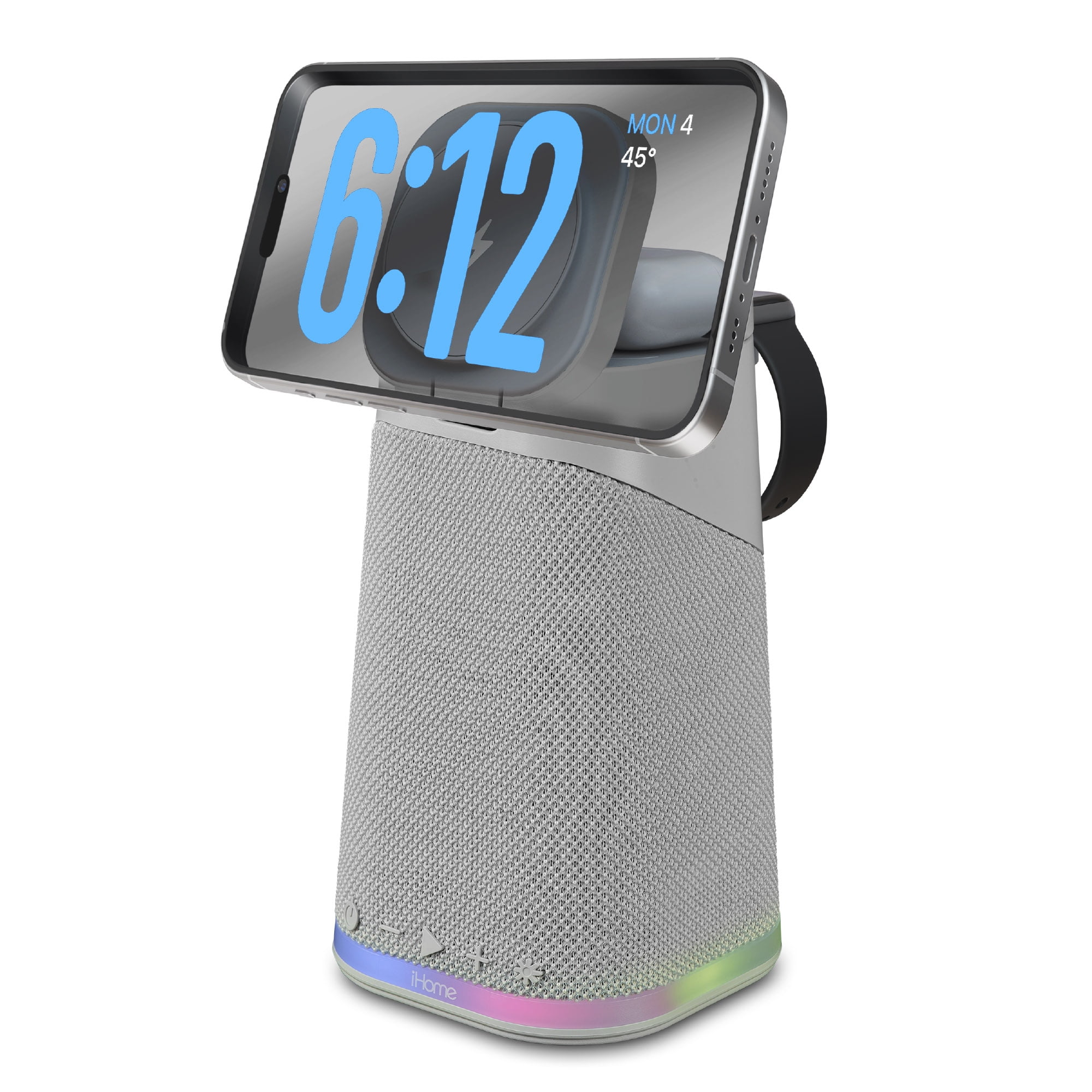 iHome Wireless Charger with Apple Watch Charger, Bluetooth Speaker, and Night Light - Grey (iPBT70G)