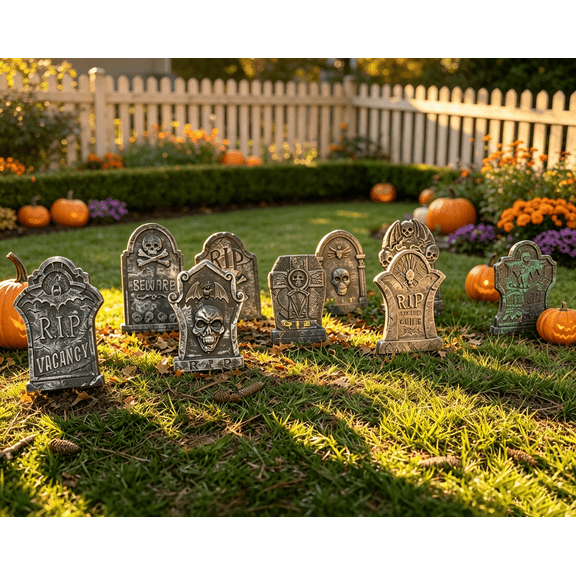 iHomeGarden 10Pcs Halloween Foam Rip Tombstones Graveyard Headstone With Stakes For Yard Decorations