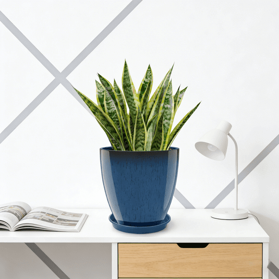 iHomeGarden 12" Round Planter - Resin Vase Standing Flower Pot, Modern Decor For Indoor/Outdoor Porch, Patio - Navy Blue