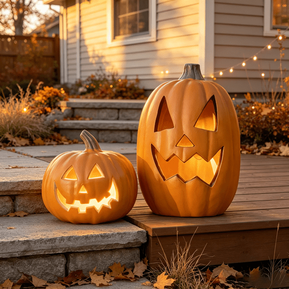 iHomeGarden 2 Pack Pre-Lit Jack-O'-Lantern Pumpkins, 10 in and 16 in, Orange Halloween Decor for Indoor and Outdoor Use