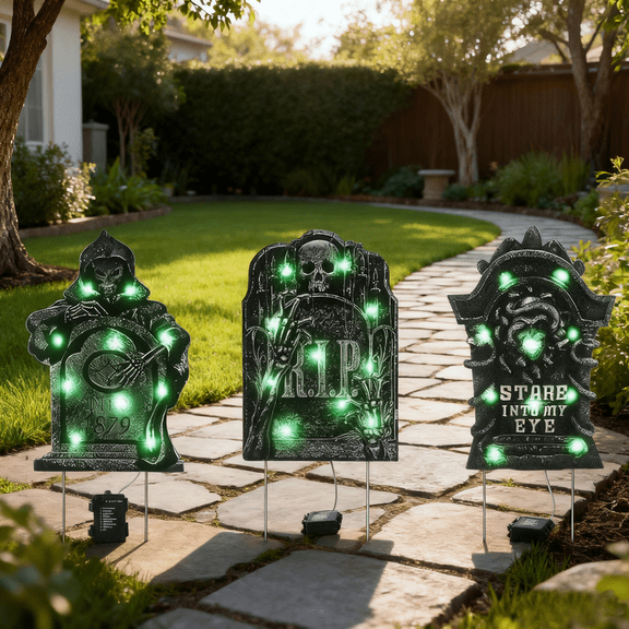 iHomeGarden 3PCS Halloween LED Tombstone - Lighted Gravestone Decor Yard Signs for Outdoor Garden with Stakes