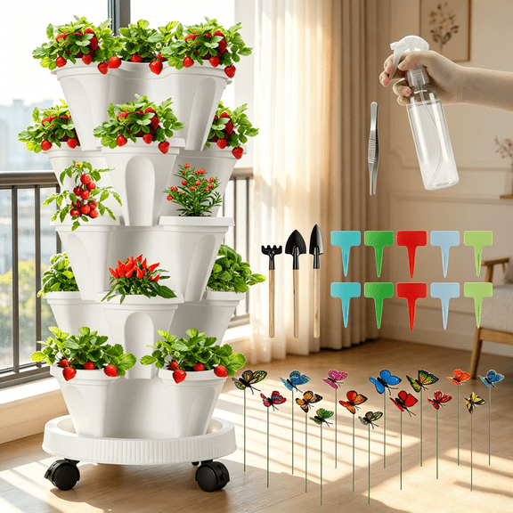 iHomeGarden 5-Tier Vertical Garden Planter Tower, White Stackable Plant Pots with Rolling Base and Accessories for Indoor Outdoor Gardening
