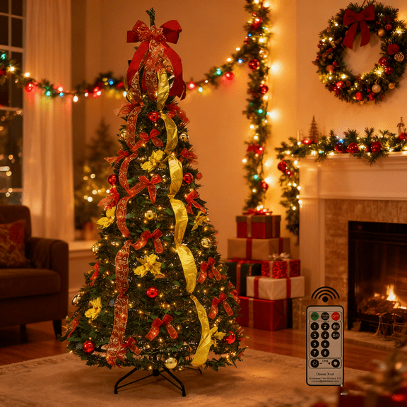 iHomeGarden 6ft Pop Up Christmas Tree Pre Lit with 200 Lights, Pre Decorated Artificial Green Xmas Tree with Ornaments, Easy Setup & Foldable