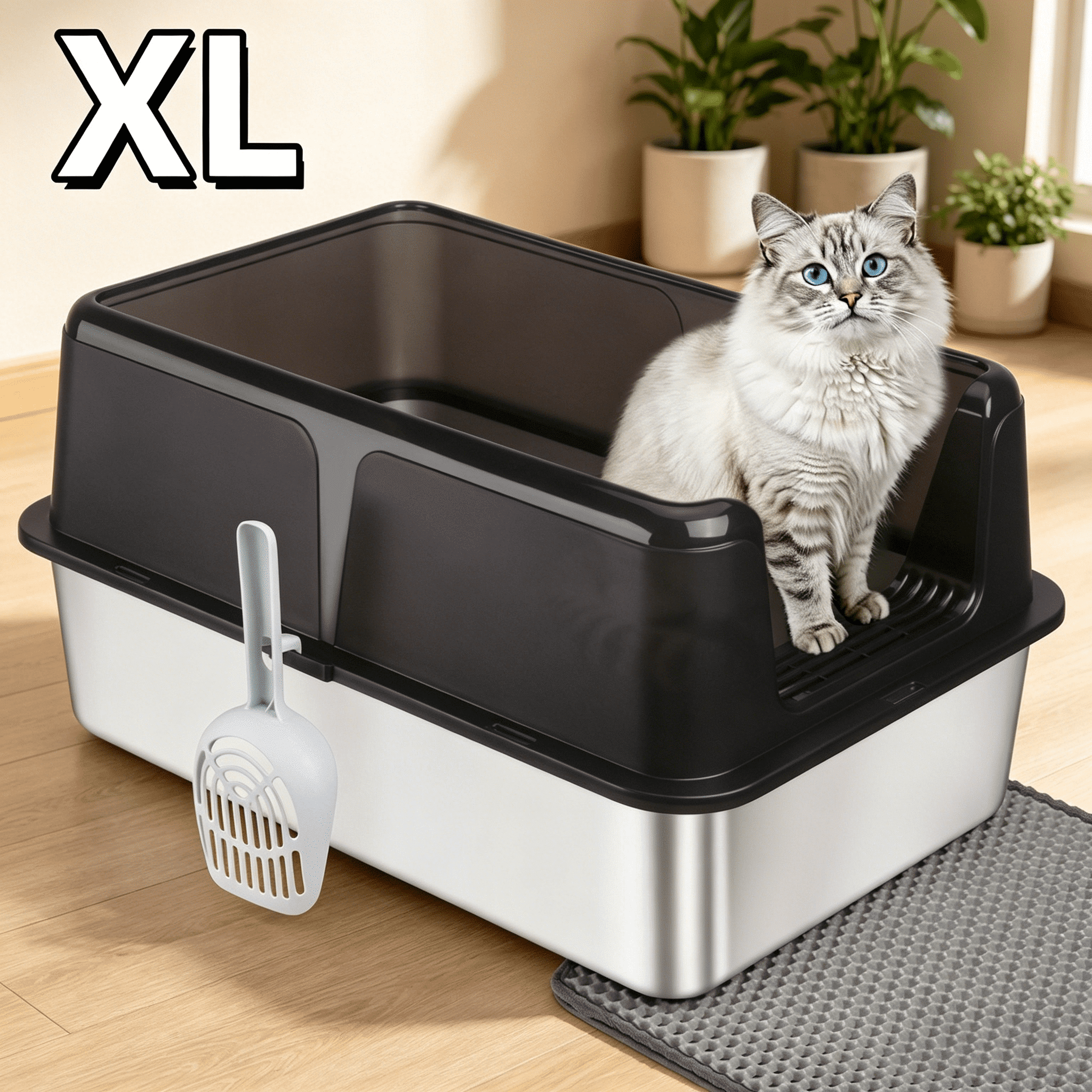 iHomeGarden Stainless Steel Cat Litter Box, XL High Sided Open Top Pan with Lid for Large and Multi-Cat Homes, Black