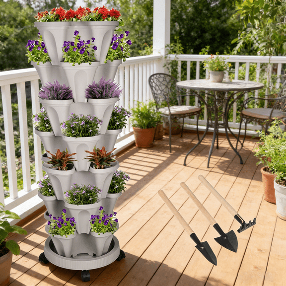 iHomeGarden Vertical Garden Kit - 7-Tier Stackable Planter System with Wheels & Drainage Holes, Perfect for Indoor/Outdoor Vegetable & Herb Gardening, Agreeable Gray