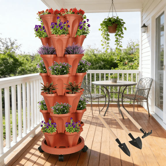 iHomeGarden Vertical Garden Kit - 7-Tier Stackable Planter System with Wheels & Drainage Holes, Perfect for Indoor/Outdoor Vegetable & Herb Gardening, Red