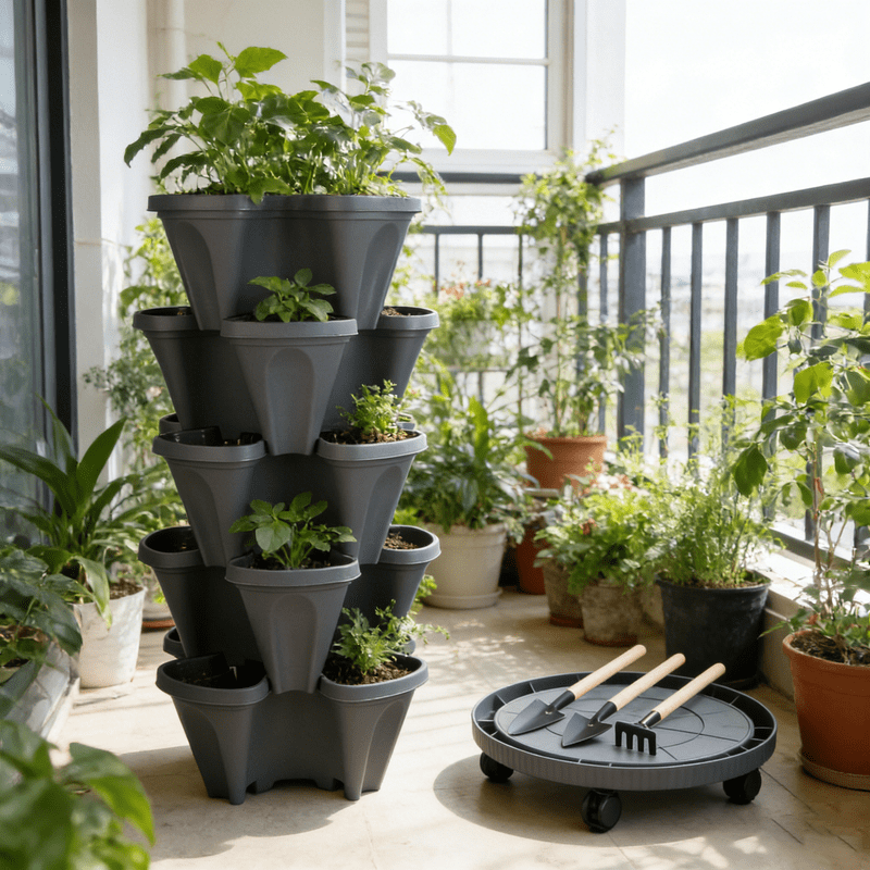 iHomeGarden Vertical Planter 5-Tier Stackable System - Indoor/Outdoor Garden Kit for Strawberries, Herbs, Vegetables (Beginner-Friendly Design), Dark Gray