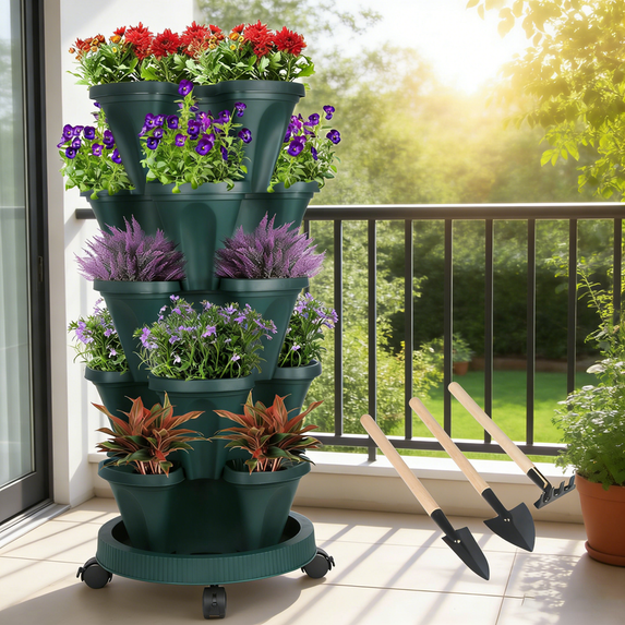 iHomeGarden Vertical Planter 5-Tier Stackable System - Indoor/Outdoor Garden Kit for Strawberries, Herbs, Vegetables (Beginner-Friendly Design), Green