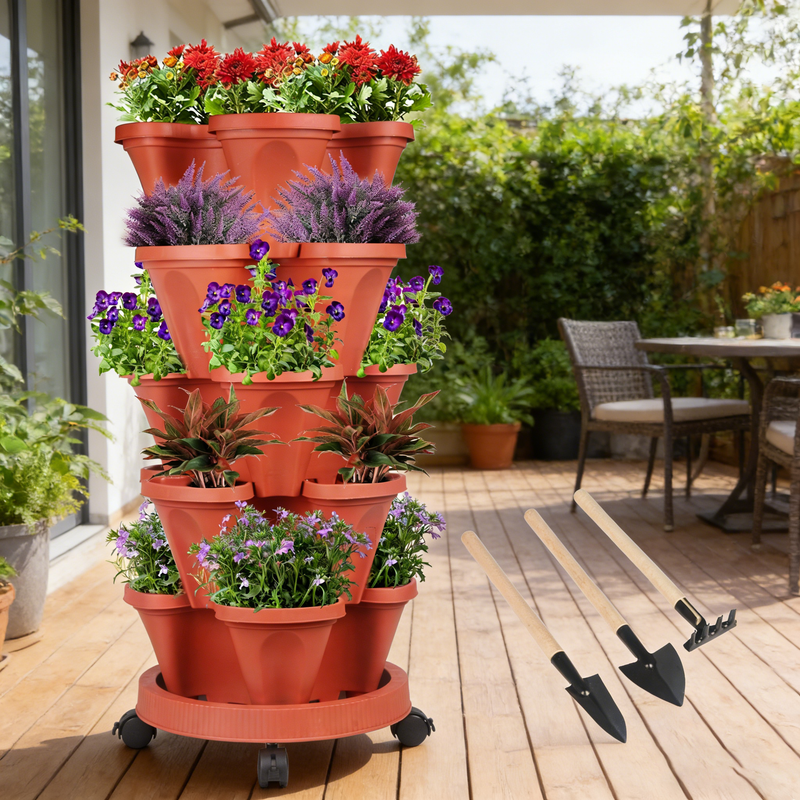 iHomeGarden Vertical Planter 5-Tier Stackable System - Indoor/Outdoor Garden Kit for Strawberries, Herbs, Vegetables (Beginner-Friendly Design), Red