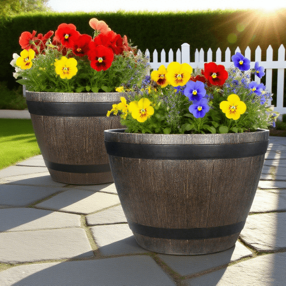 iHomeGarden 2 Pack Wine Barrel Planters, 20.5 in Large Resin Flower Pots for Patio Garden Porch, Brown