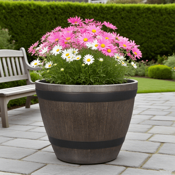 iHomeGarden Wood-Look Large Barrel Planters, Lightweight Durable Plastic, Outdoor Décor, Rustic – 15” H x 20.5” Dia