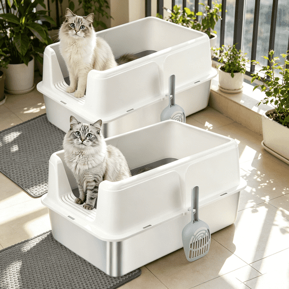 iHomeGarden XL Stainless Steel Cat Litter Box with Lid 2 Pack, High Sided Open Top Pan for Big Cats, Multi-Cat Use, White