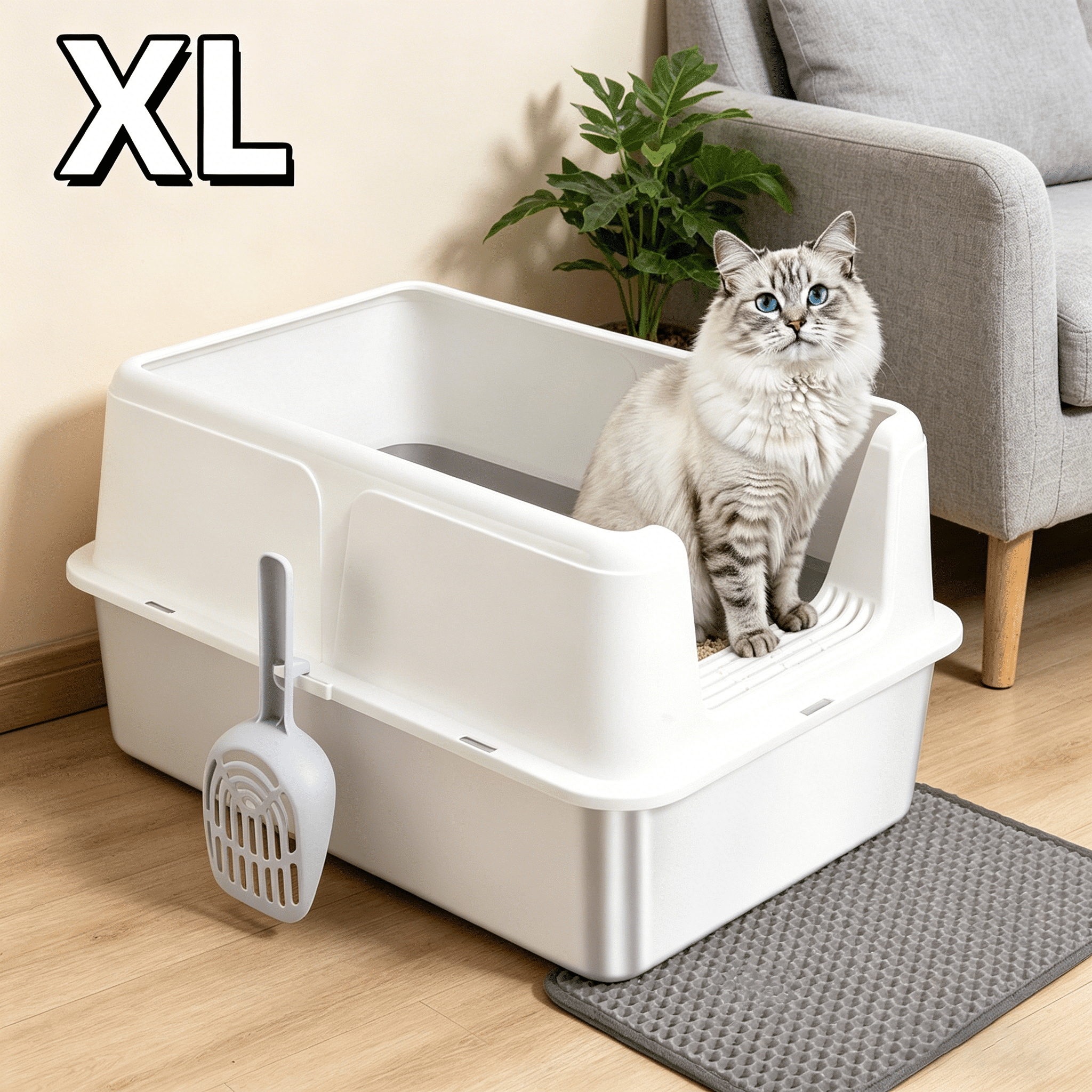 iHomeGarden XL Stainless Steel Cat Litter Box with Lid, High Sided Open Top Pan for Big Cats, Multi-Cat Use, White