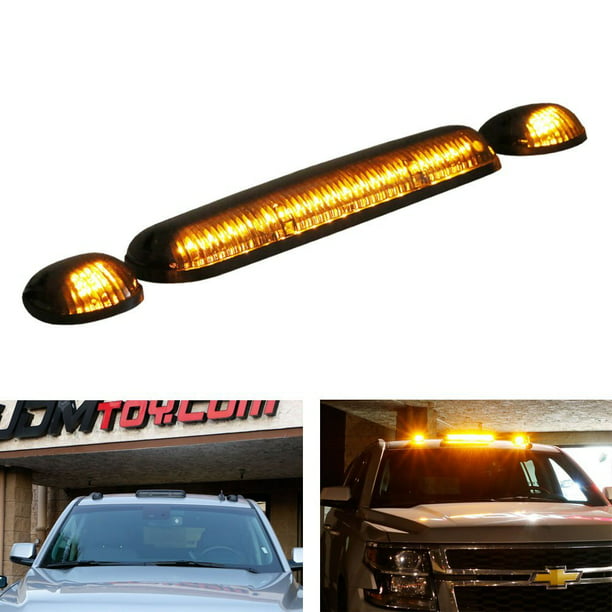 iJDMTOY 3PCS Smoked LED Cab Roof Marker Running Lamps With Amber LED Lights For Ford F150 F250 F350 Dodge RAM GMC Sierra 1500 2500 Silverado Toyota Tundra Tacoma Truck