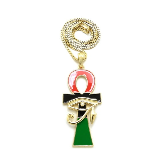 iJewelry2 Ancient Egyptian Afro-American Colored ANKH Cross with Eye of RA Motif Gold Tone Box Chain Pendant Necklace 18''