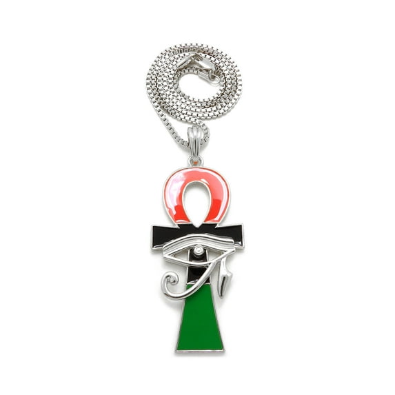 iJewelry2 Ancient Egyptian Afro-American Colored ANKH Cross with Eye of RA Motif Silver Tone Box Chain Pendant Necklace 18''