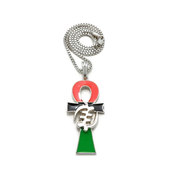 iJewelry2 Ancient Egyptian Afro-American Colored ANKH Cross with Gye Nyame Motif Silver Tone Box Chain Pendant Necklace 24''