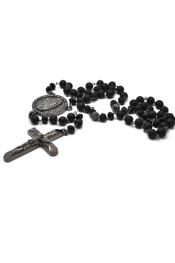 Black and Gray Crystal Pave Cross Rosary Beads  Hip Hop Chain Necklace 24"