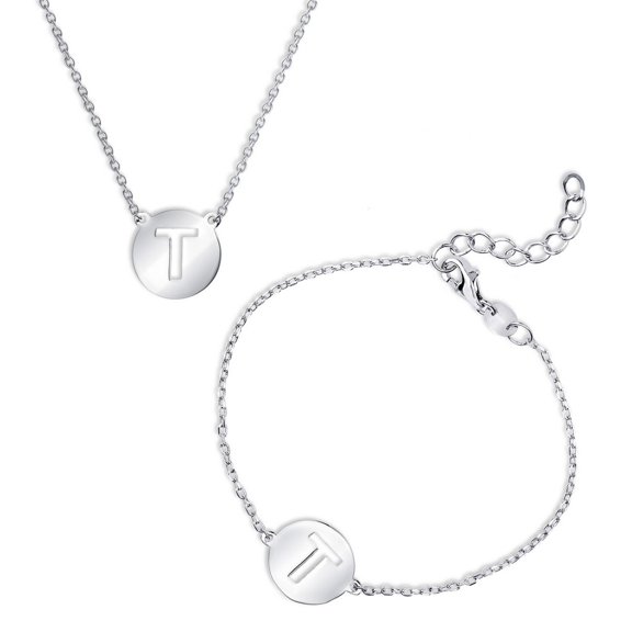 iJewelry2 Cut-out Polished Letter T Sterling Silver Initial Necklace and Bracelet Set