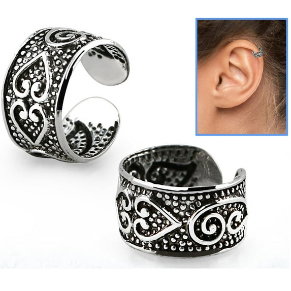 iJewelry2 Double Heart Design Sterling Silver Helix Ear Cuff Clip-on Ring