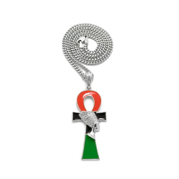 iJewelry2 Egyptian Afro-Flag Colored ANKH Cross with Queen Nefertiti Motif Silver Tone Cuban Chain Pendant Necklace 20''