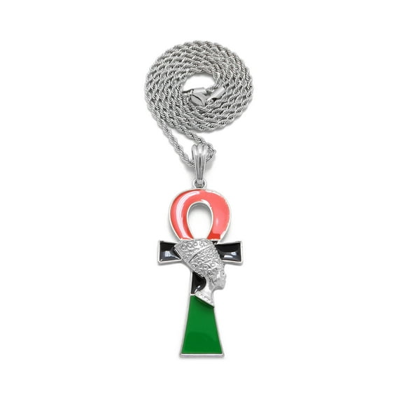 iJewelry2 Egyptian Afro-Flag Colored ANKH Cross with Queen Nefertiti Motif Silver Tone Rope Chain Pendant Necklace 20''
