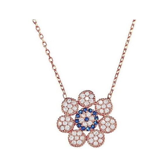 iJewelry2 Evil Eye Flower Shaped with Encrusted CZ Rose Gold-Tone Sterling Silver Chain Necklace 17"
