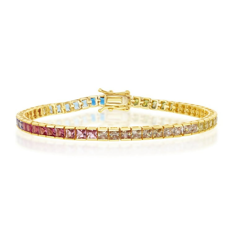 Sterling Silver CZ 4mm Channel-Set Colorful Rainbow Adjustable Bracelet Sterling Silver CZ 4mm Channel-Set Colorful Rainbow Adjustable Bracelet