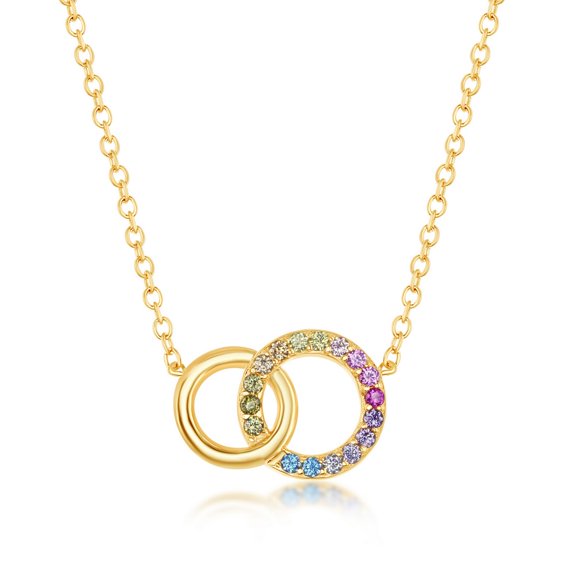 iJewelry2 Gold Plated Sterling Silver Rainbow Multicolor CZ Double Linked Open Circles Pendant Necklace 18''