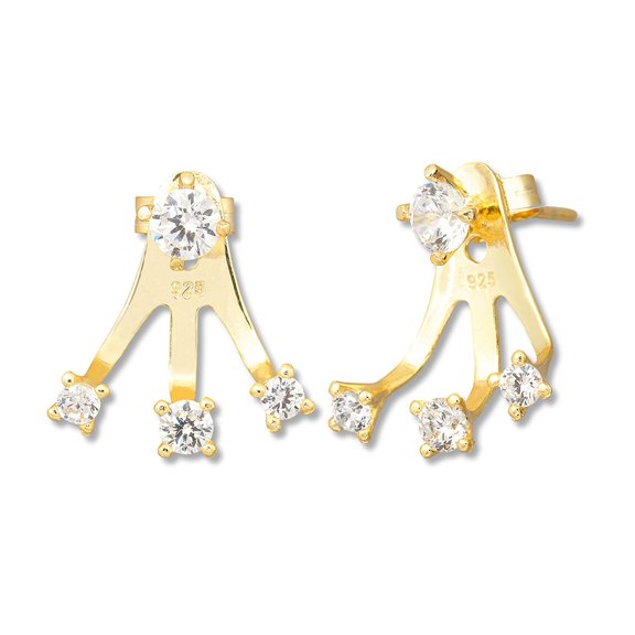 iJewelry2 Gold Plated Sterling Silver Round CZ Front Stud with Triple 4-prongs Clear CZ Back Earrings
