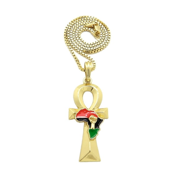 iJewelry2 Gold Tone ANKH Cross with Afro-Flag Colored Africa Continent and Fist Motif Box Chain Pendant Necklace 18''