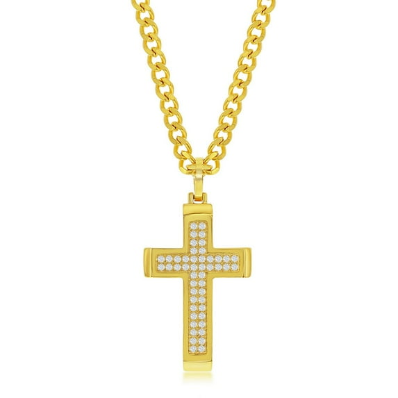 iJewelry2 Gold Tone Stainless Steel Polished Pave CZ Cross Pendant Curb Chain Necklace
