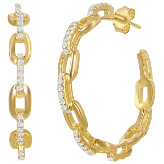 iJewelry2 Gold-plated Sterling Silver 32 mm Paperclip Chain Clear CZ Open Hoop Earrings