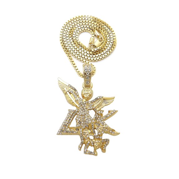 iJewelry2 Gold-tone Round Crystals Saint Michael Archangel Pendant Box Chain Necklace 24''