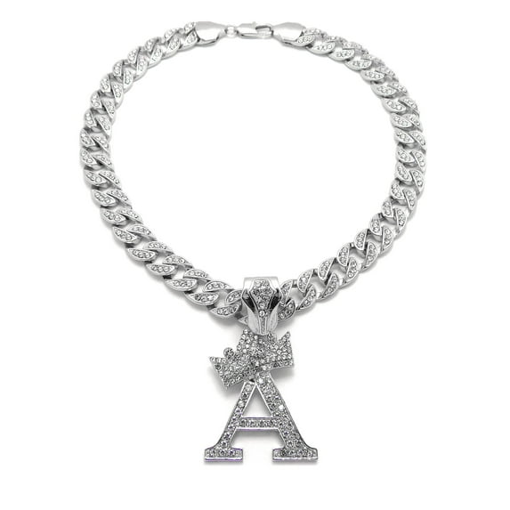 iJewelry2 Kings and Queens Crowned Initial Letter A Crystals Pendant Silver-tone Cuban Linked Chain Necklace