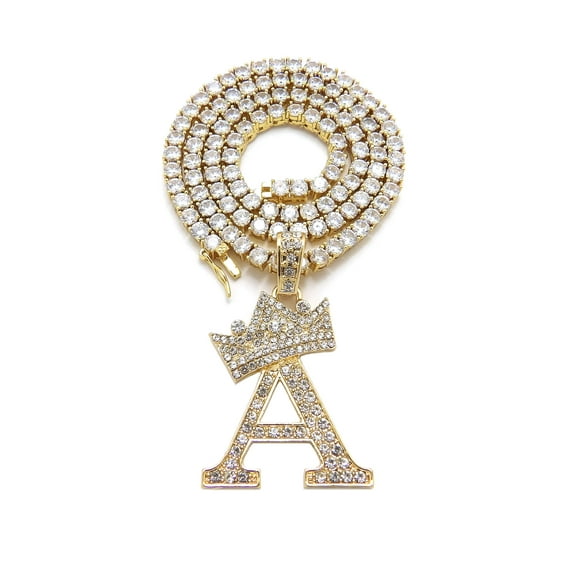 iJewelry2 Kings and Queens Crowned Initial Letter A Pendant Gold-tone CZ Tennis Chain Necklace 18''