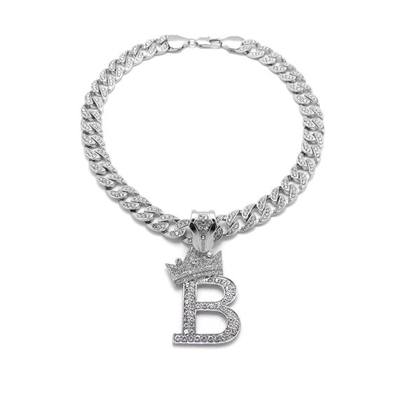 iJewelry2 Kings and Queens Crowned Initial Letter B Crystals Pendant Silver-tone Cuban Linked Chain Necklace
