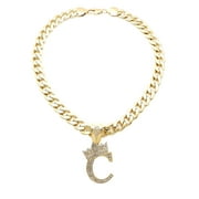 iJewelry2 Kings and Queens Crowned Initial Letter C Crystals Pendant Gold-tone Cuban Linked Chain Necklace